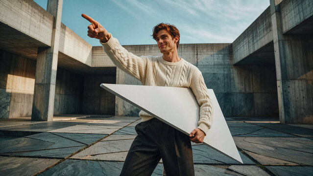 Man in white cable knit sweater points toward the distance while holding a large triangular board in an outdoor concrete courtyard under bright afternoon sun.