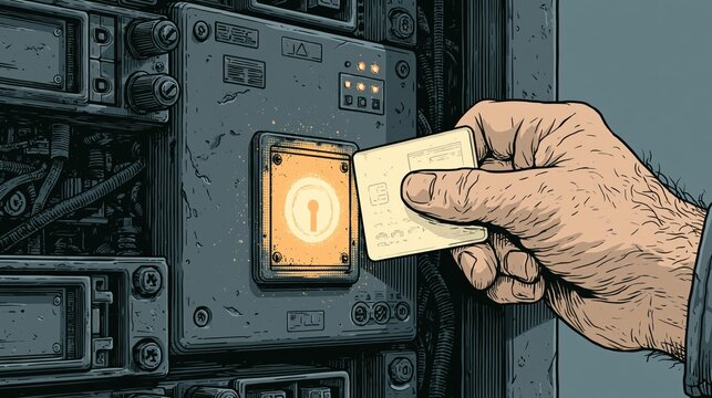 Fingers presenting a pale key card to a lit reader on an industrial security enclosure