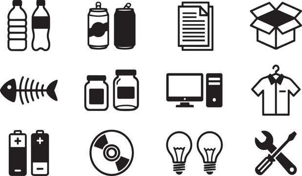 Set of black flat vector icons representing various common household items and objects on transparent background
