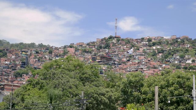 Panoramic View of Comuna 13 Hillside Residential Neighborhood and Urban Landscape, Video Recorded in 4K at 60fps