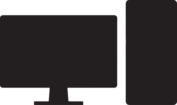 Black silhouette of a desktop computer with a wide monitor and a vertical tower case, isolated on a white background, also transparent background