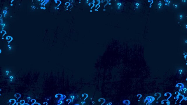 Mystery help question visual glowing blue marks around rough dark space, leaving center area for titles or text. Perfect for tutorials, quiz content, explainers, support videos, and motion graphics.