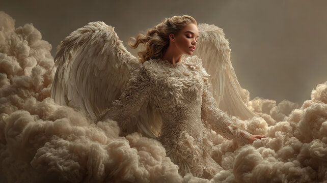 Fantasy, mysterious, wallpaper. A detailed digital artwork depicts a woman with large, feathery wings. She wears a shimmering, lacelike dress with intricate patterns and textures.