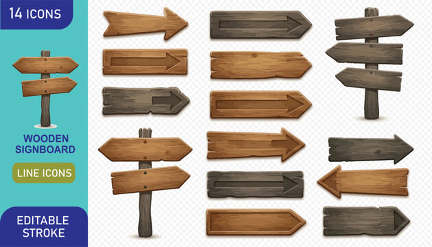 Set of fourteen realistic wooden signboards and arrow markers for rustic wayfinding design