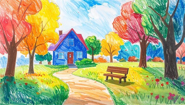 Colorful illustration of a house nestled amongst trees with vibrant autumn foliage. A path leads up to the blue house with a red roof