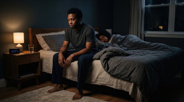Sleepless black man sitting on bed edge while partner sleeps in background, realistic night bedroom scene showing insomnia, anxiety, mental overload and fatigue