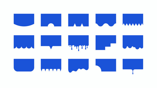 A collection of blue fabric banner shapes with various decorative bottom edges and different fringe styles isolated on a clean white background vector