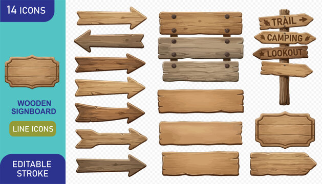 Fourteen rustic wooden signboards and directional arrows for nature trail and camping signage design