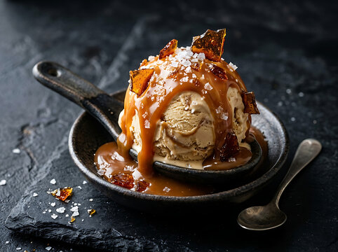 Salted caramel ice cream scoop. Gourmet frozen dessert with caramel sauce on dark stone.