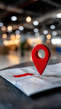 Shiny red map marker placed on a paper map with a red arrow in a busy urban setting at night with bright lights