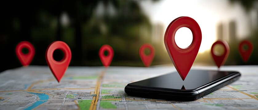 Smartphone on map with location markers and city skyline in background during daylight hours