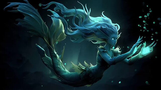 Fantasy, mysterious, wallpaper. A vivid digital artwork depicts a fantastical mermaid in a dynamic pose. The mermaid has long, flowing blue hair cascading down her back.