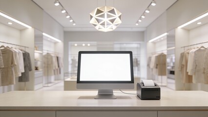 Fototapeta premium Minimalist clothing store interior with modern digital display and elegant hanging garments