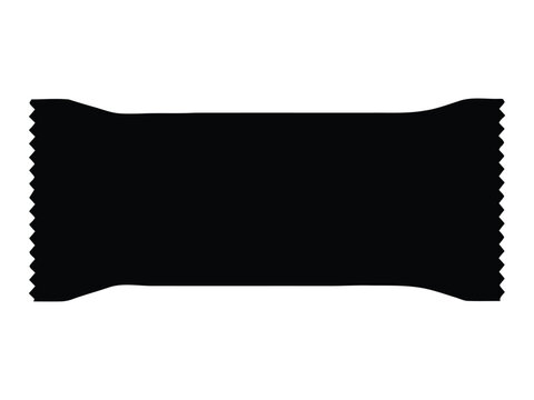 A black silhouette of a rectangular snack bar wrapper with crimped edges on both sides isolated on a white background, for mockups