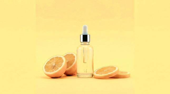 Blank clear glass serum bottle with sliced yellow lemons on yellow pastel background