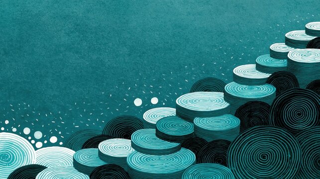 Layered teal coin stacks patterned with fine concentric lines on a dark ground