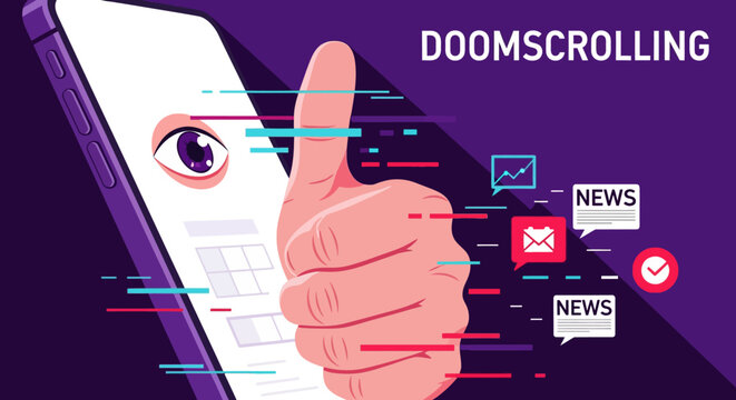 Addictive digital content on smartphone screen with thumb up gesture and news notifications, concept for social media addiction, information overload and online engagement