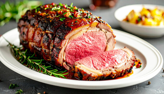 Prime rib roast sliced, serving plate, closeup. AI
