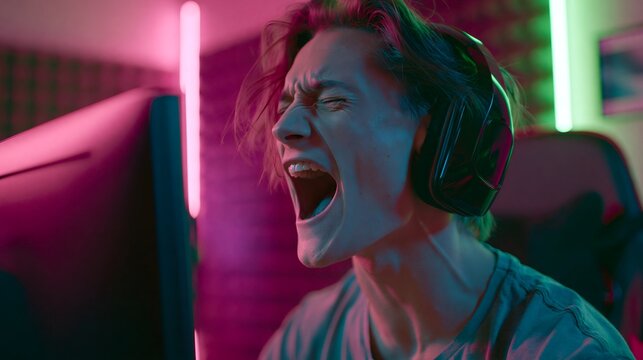Professional gamer reacting to an intense match during a live stream broadcast