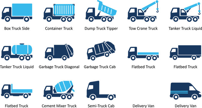 Box truck container dump tipper tow crane tanker liquid garbage flatbed semi.