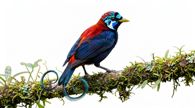 Wilson's bird of paradise on a branch. Colorful tropical avian species isolated on white.