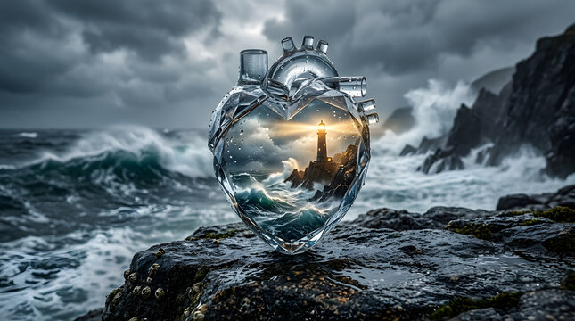 Dramatic seascape with lighthouse viewed through glass heart sculpture