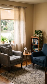 Empty Therapy Room Two Chairs Tissues Window Light Counseling Mental Health