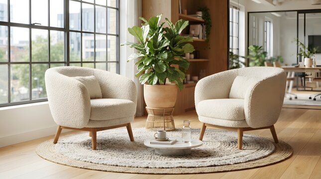 Cozy living room with boucl chairs and fiddle leaf fig plant