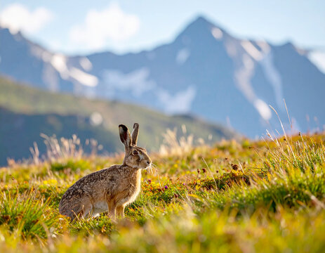 Mountain hare (Lepus timidus) grassy mountain field. AI