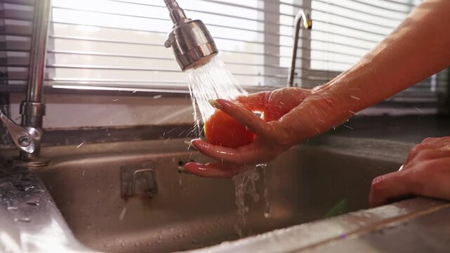 Woman Rinses Fresh Red Tomato beneath Spraying Kitchen Faucet in Slow Motion, Food Safety and Healthy Meal Preparation
