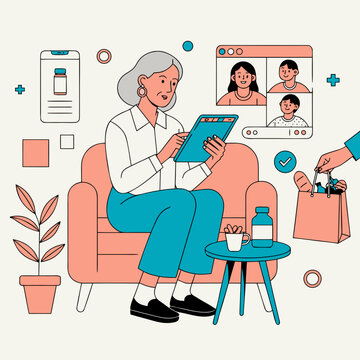 Senior woman using tablet for online healthcare consultation and medicine delivery, telemedicine illustration with family video call and digital health services