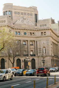 Barcelona, Spain - April 3, 2021. Facade of Banco Bilbao Vizcaya Argentaria, BBVA, is a Spanish bank based in Bilbao