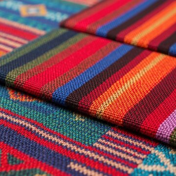 Close-up of hand-woven colorful textile fabric with vibrant striped patterns and traditional ethnic geometric designs, showing detailed weave texture and folded layers of cloth.