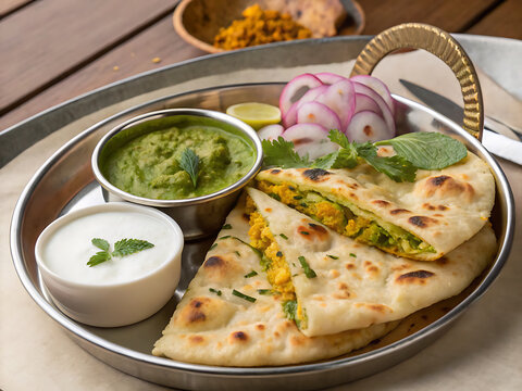 Stuffed aloo naan with tangy pickle, yogurt, fresh mint chutney, authentic Indian thali arrangement, natural lighting
