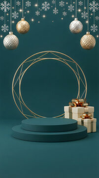Green podium display with christmas ornaments and gift boxes for product presentation
