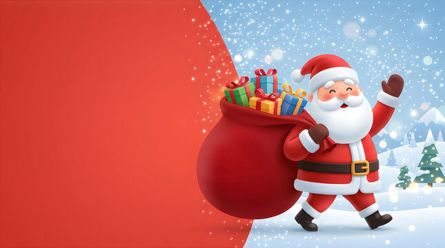 Happy santa claus carrying a big red bag of christmas presents in a snowy winter landscape