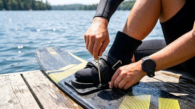 Person Adjusting Wakeboard Binding Screws with Tool on Wooden Pier Near Lake