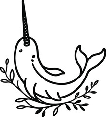 Minimal Narwhal Emblem, Bold Black Outline, Long Spiral Tusk, Premium Marine Logo Vector 2 © mdrubel