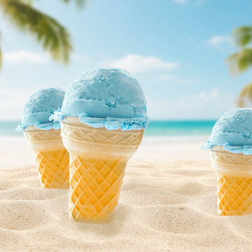 Ice cream cone on sandy beach with sea background &ndash; summer vacation concept
