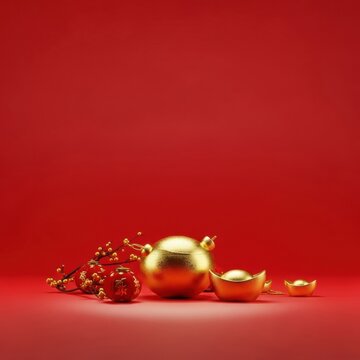 Minimalist Chinese New Year scene featuring golden sycee ingots, a round gold metallic vessel, red lanterns with gold calligraphy, and berry branches on a vibrant red background.