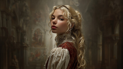 Fototapeta premium Europe medieval lifestyle. A portrait of a young woman with long, wavy blonde hair, set against an ornate, Gothicstyle background. She wears a red and white dress with intricate lace detailing.