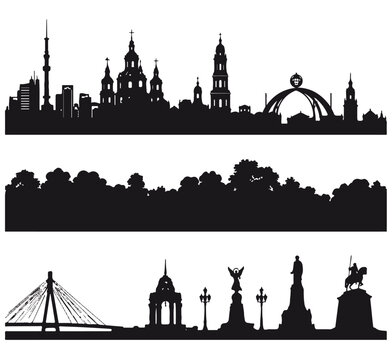 Dresden Skyline Silhouette Bundle. Germany City Landmarks Vector Clipart with Frauenkirche, Semper Opera House and Augustus Bridge.