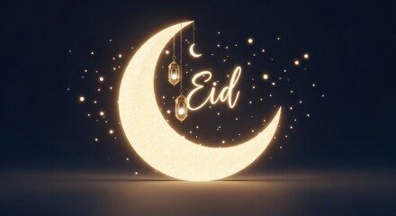 Naklejka premium Glowing crescent moon with Eid script text and gold hanging lanterns surrounded by sparkling particles on a dark blue background for Islamic religious celebrations.