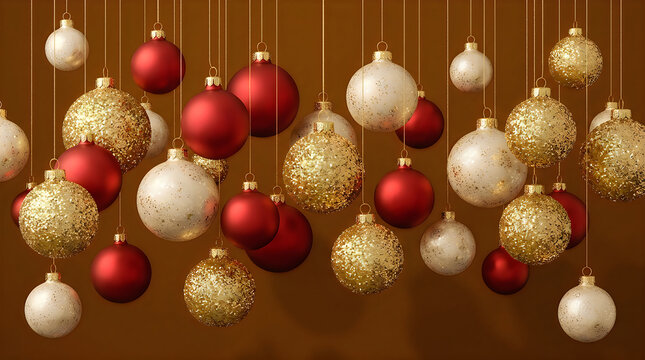 Shiny red and gold christmas baubles hanging on strings against a dark brown festive background