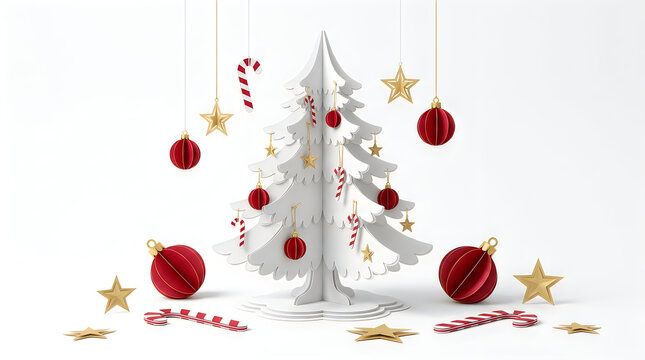 Minimalist paper christmas tree with red ornaments and candy canes