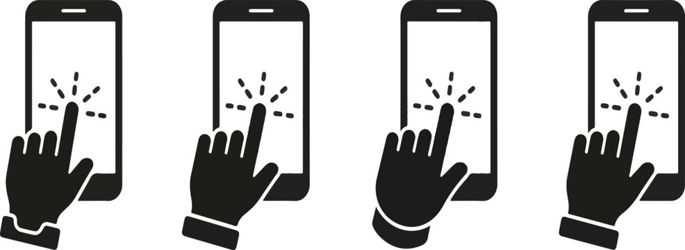 Hand touching smartphone screen icons, touchscreen interaction silhouettes with finger tap gesture, mobile interface design communication illustration