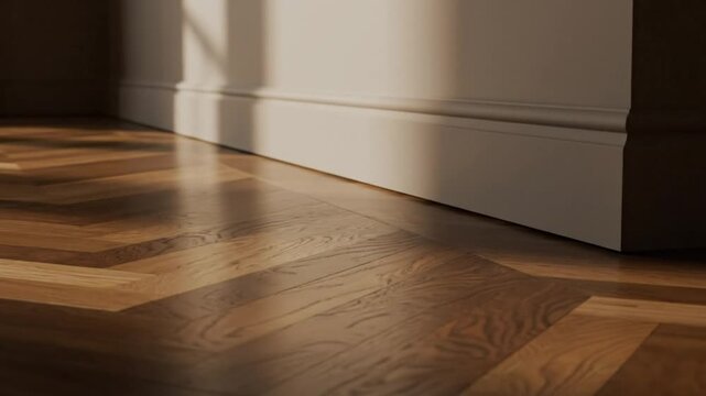 Low angle view of a sunlit room with herringbone wood flooring and cream-colored wall
