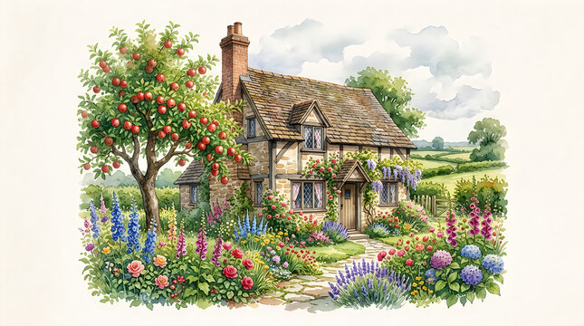 Beautiful old cottage house with apple tree and blooming flower garden in the english countryside