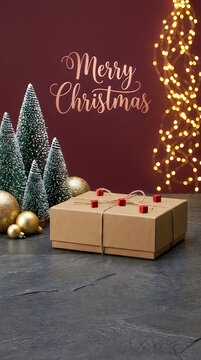 Merry christmas greeting card with gift boxes and small pine trees on a dark purple background
