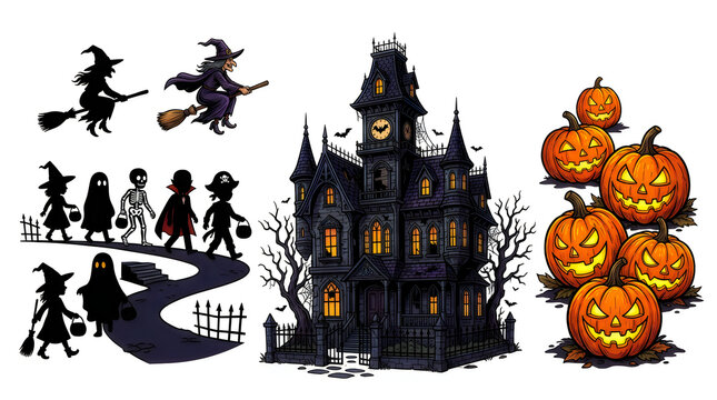 Halloween illustration set with haunted house witches and carved pumpkins for holiday party decor